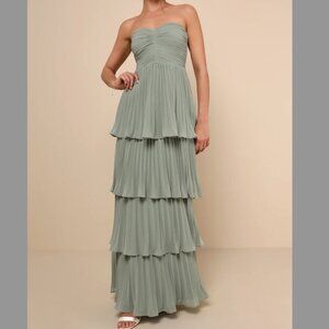 Lulus Sage Maxi Seriously Sensational Sage Brush Strapless Tiered Maxi Dress